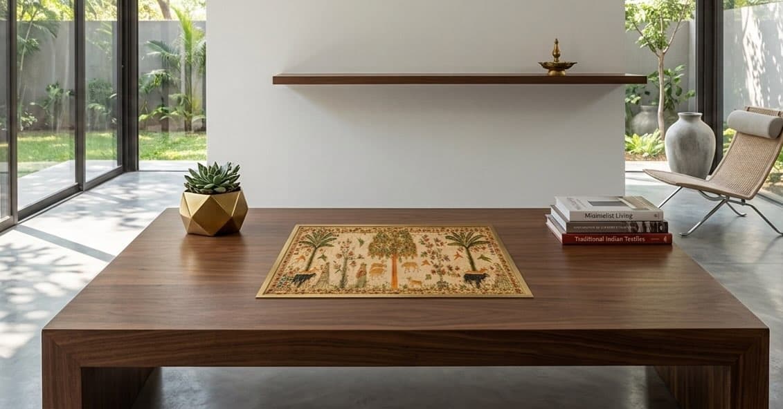 A small rectangular cream mat lying flat on a large dark wood table. The mat is embroidered with a row of tall green and rust trees, small deer, birds, two dark cattle at the lower corners and two standing human figures. A gold faceted planter with a succulent sits at the left, a stack of three books at the right. Behind is a white wall with a floating wood shelf holding a brass lamp, with garden and glass doors on both sides.