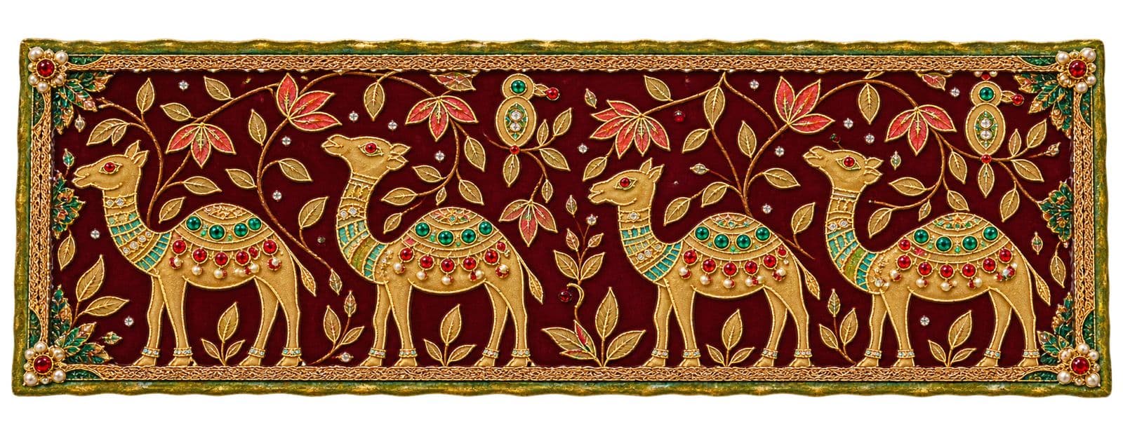 Maroon velvet panel with four gold camels, gemstones and a jewelled border