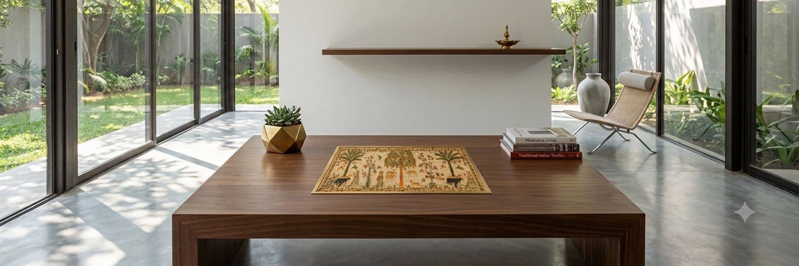A hand-embroidered pichwai panel laid on a walnut table in a glass-walled room opening onto a garden