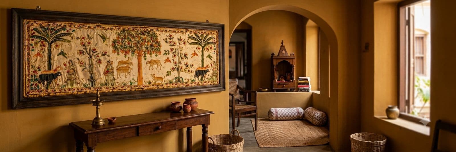 A pichwai panel in a carved frame on an ochre wall, above a wooden console with brass lamps