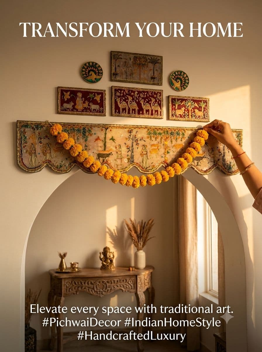 A toran and embroidered panels hung above an arched doorway, with a marigold garland being draped
